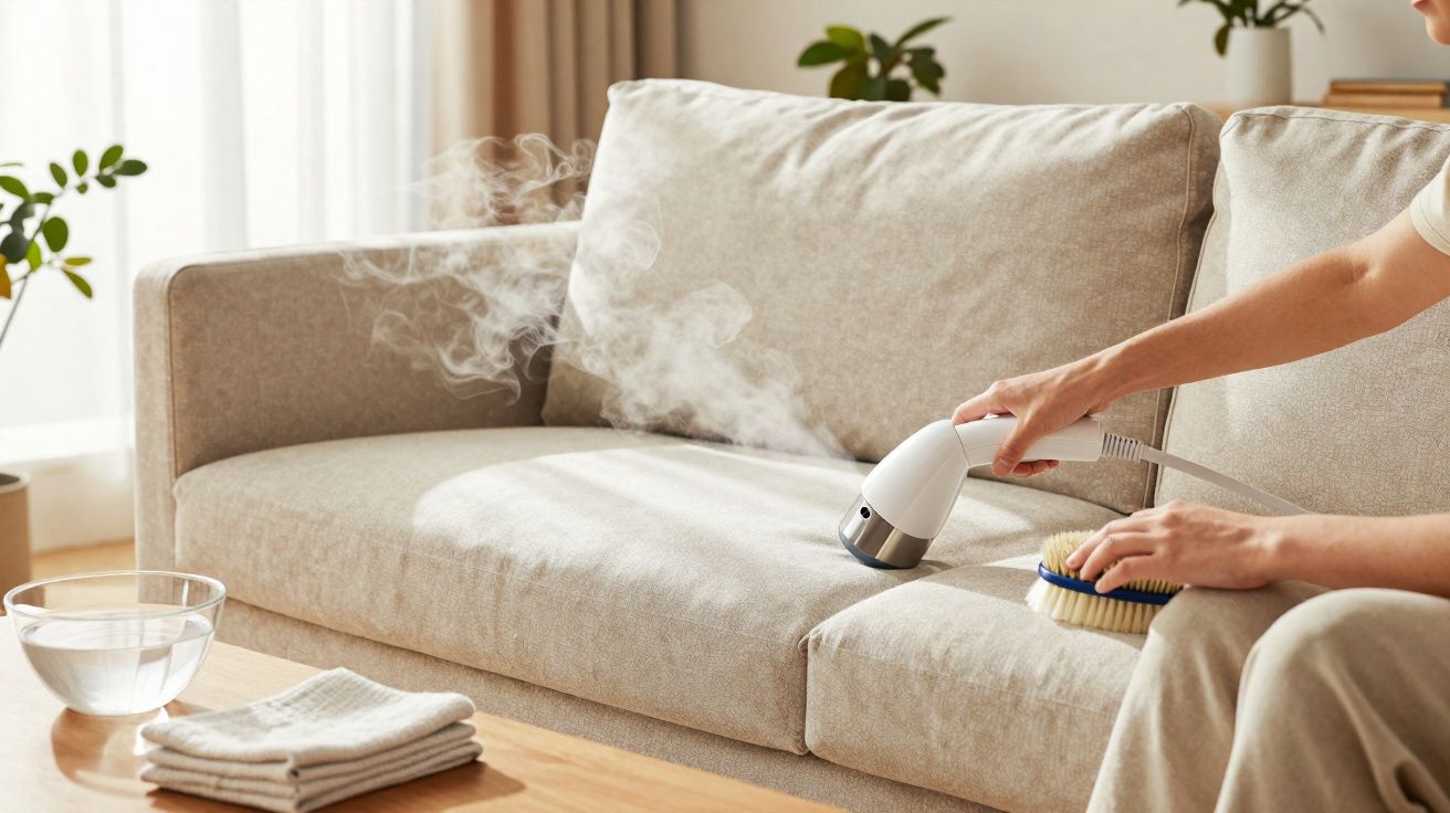 Pessoa limpa sofá bege com escova e vaporizador, com toalhas e uma tigela de água numa mesa de madeira.