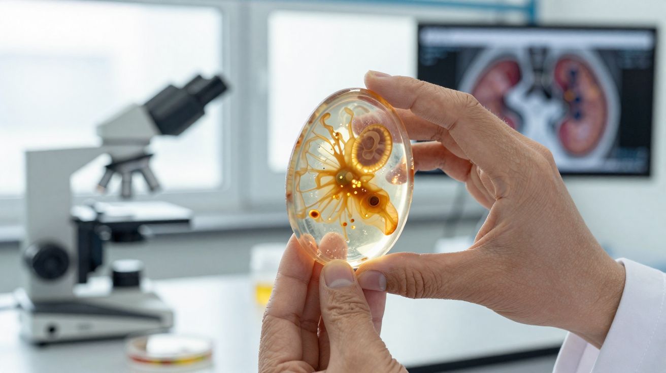 Mãos seguram um modelo de órgão humano transparente em laboratório com microscópio e imagem de rins ao fundo.