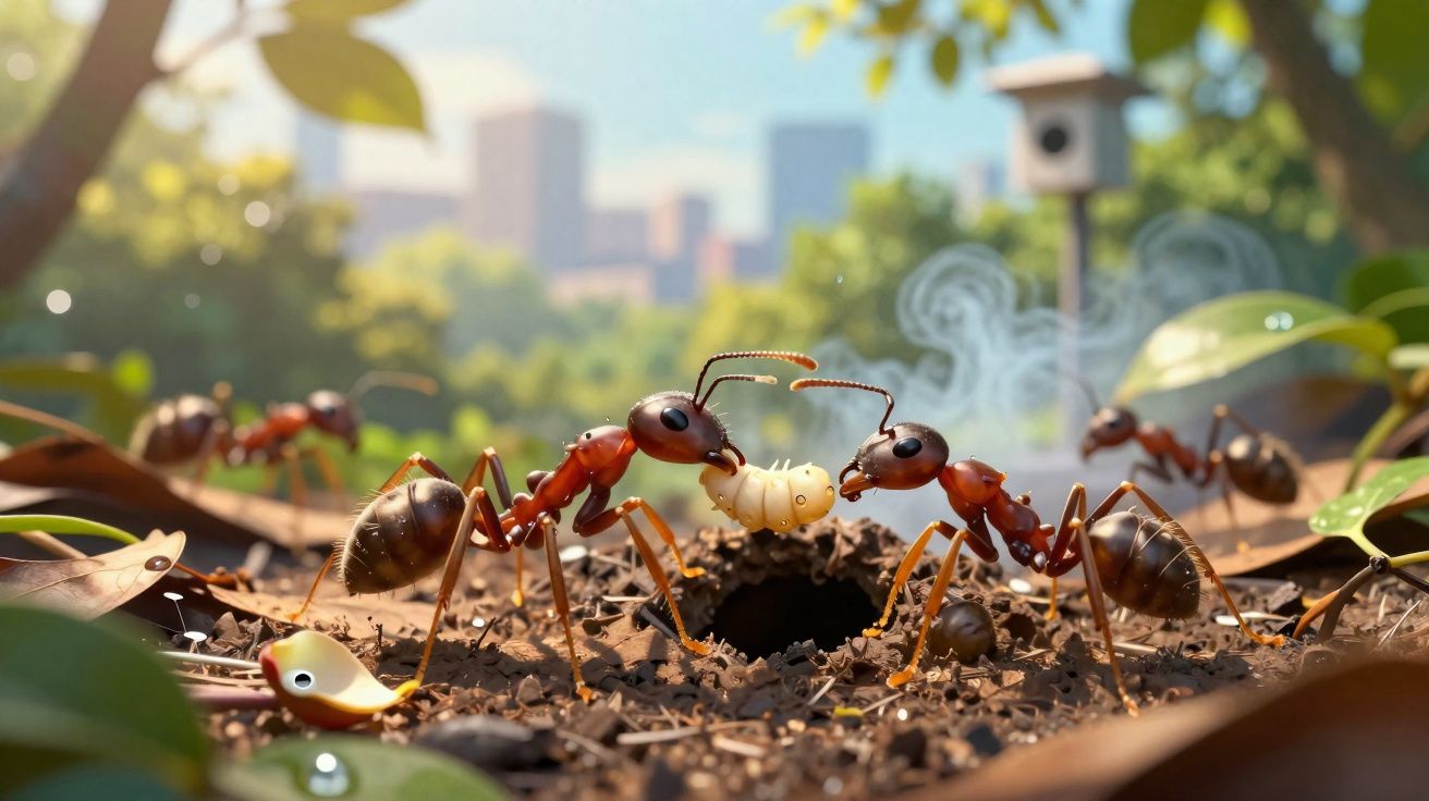 Formiga camponesa com larva na boca junto a formiga rainha à entrada da toca no jardim ao nascer do sol.