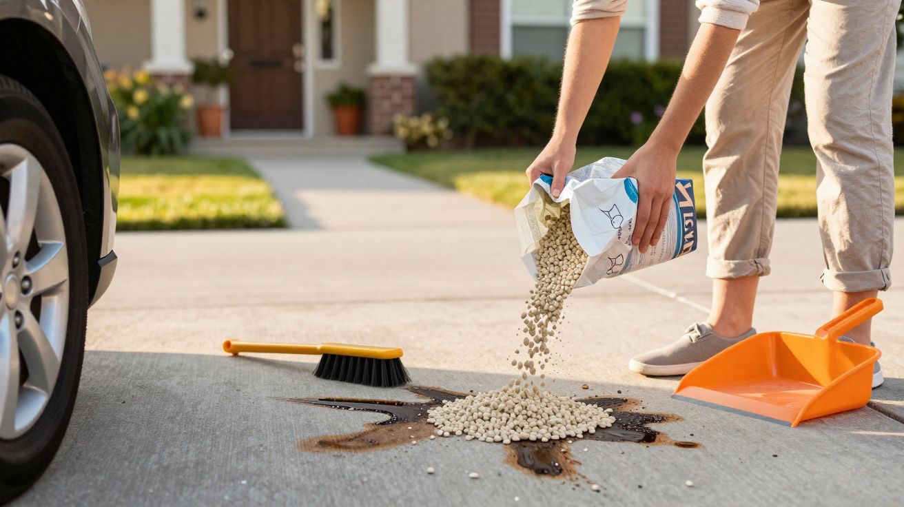Pessoa a deitar granulado absorvente sobre líquido derramado no chão de cimento com pá e escova ao lado.