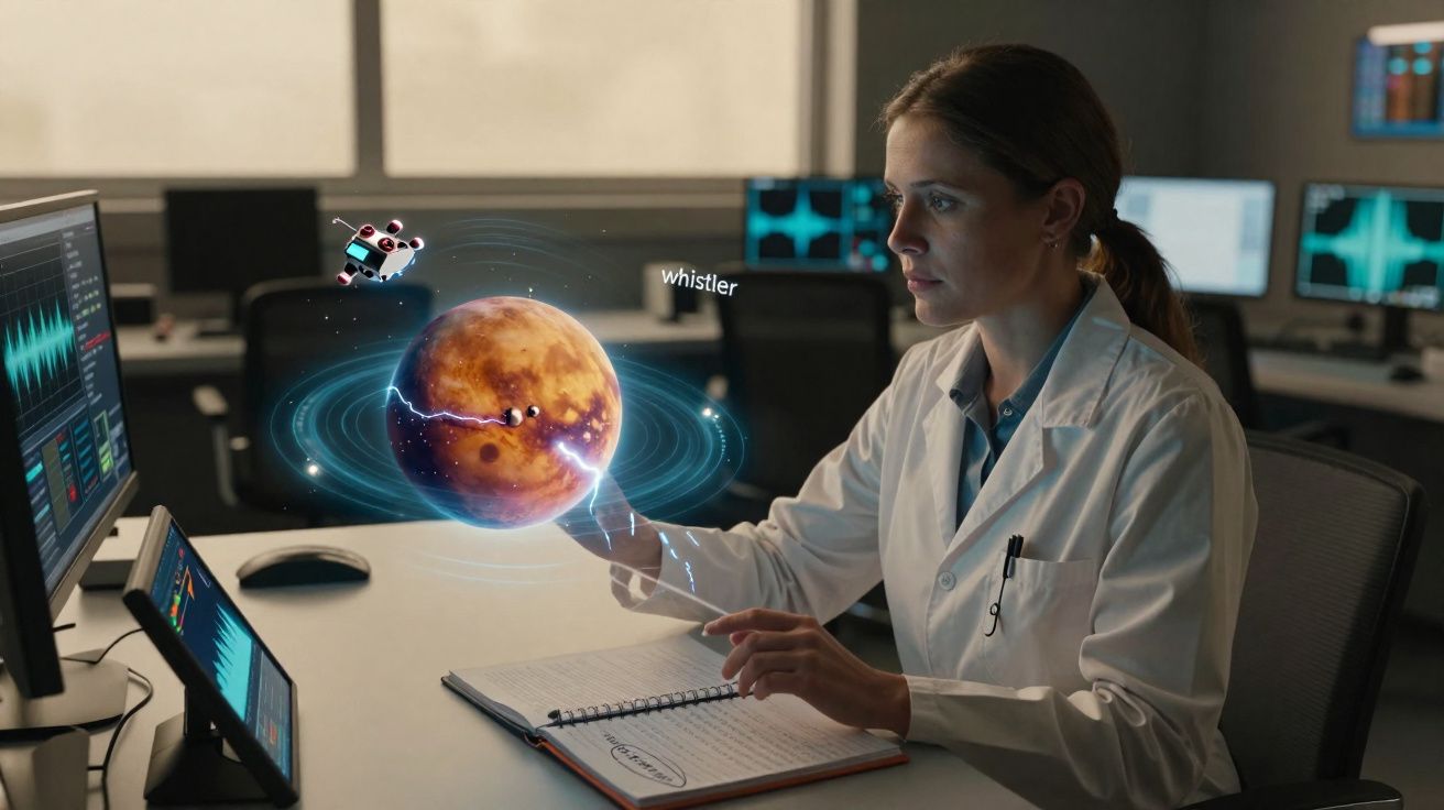 Cientista em laboratório a interagir com modelo digital holográfico de planeta e dados científicos.