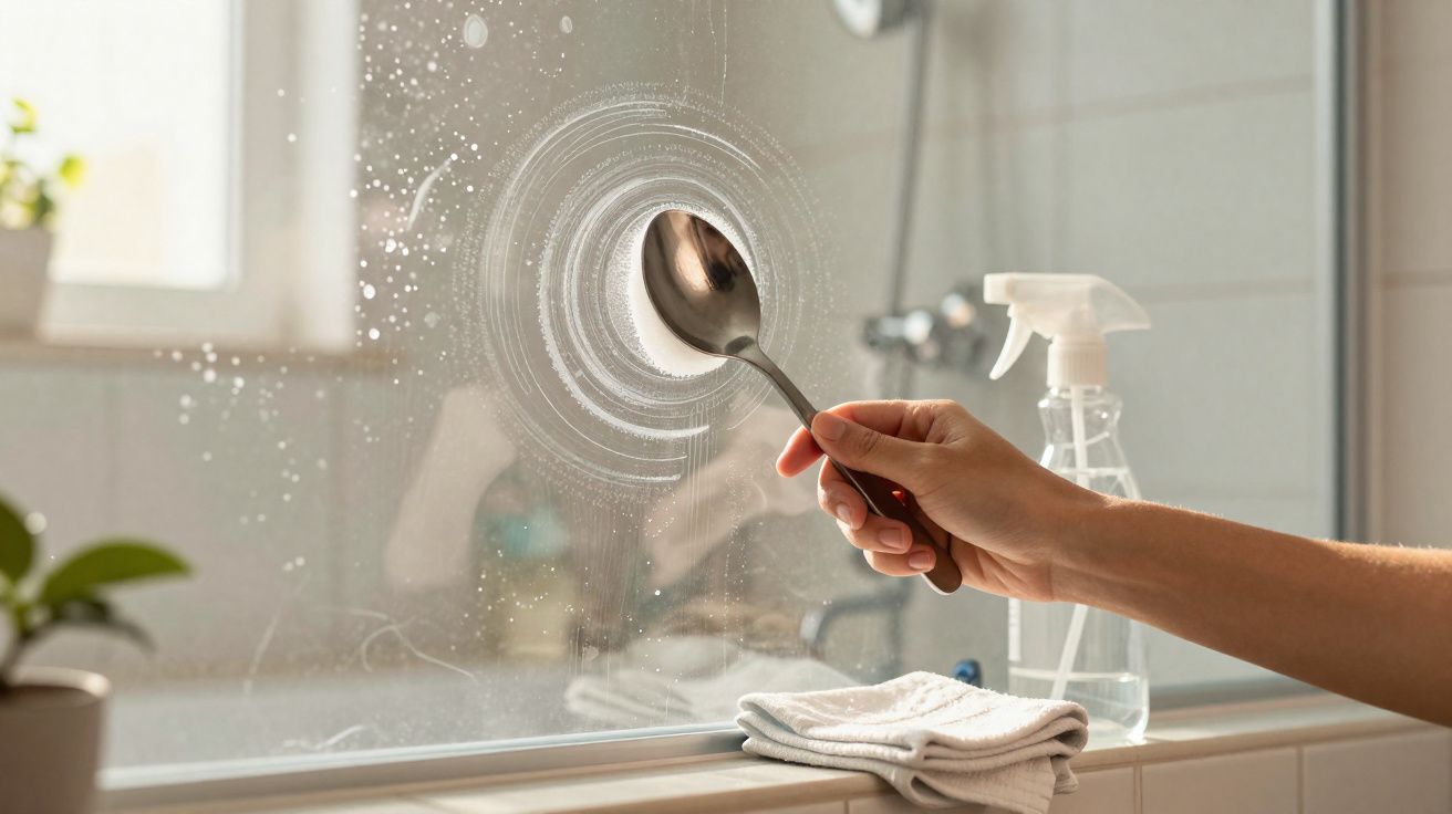Mão a limpar espelho embaciado com colher, pano e spray de limpeza numa casa de banho iluminada.