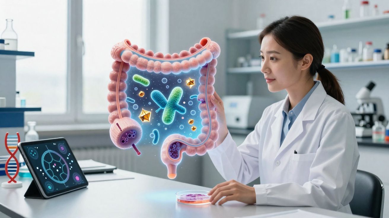 Cientista analisa holograma de intestino com micro-organismos num laboratório moderno.