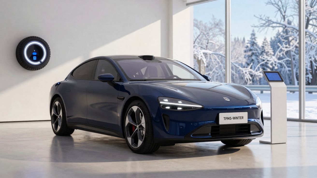 Carro elétrico azul escuro num espaço moderno com carregador e janela a mostrar paisagem de inverno coberta de neve.