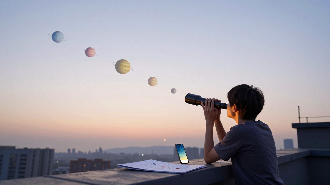Criança observa planetas com telescópio numa cobertura ao pôr do sol, com mapa e telemóvel sobre o muro.