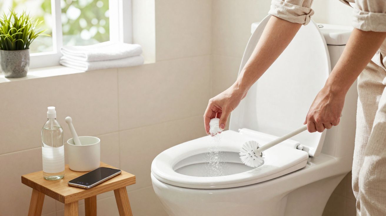 Pessoa a limpar a sanita com escova e a deitar pó de limpeza no interior da sanita num banheiro claro.