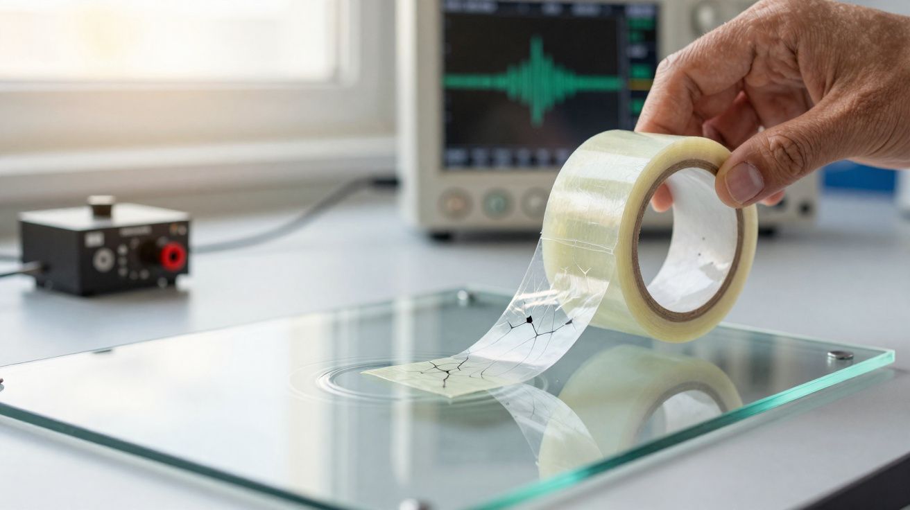 Mão a despegar fita adesiva transparente de vidro com rachaduras num laboratório com equipamento técnico ao fundo.