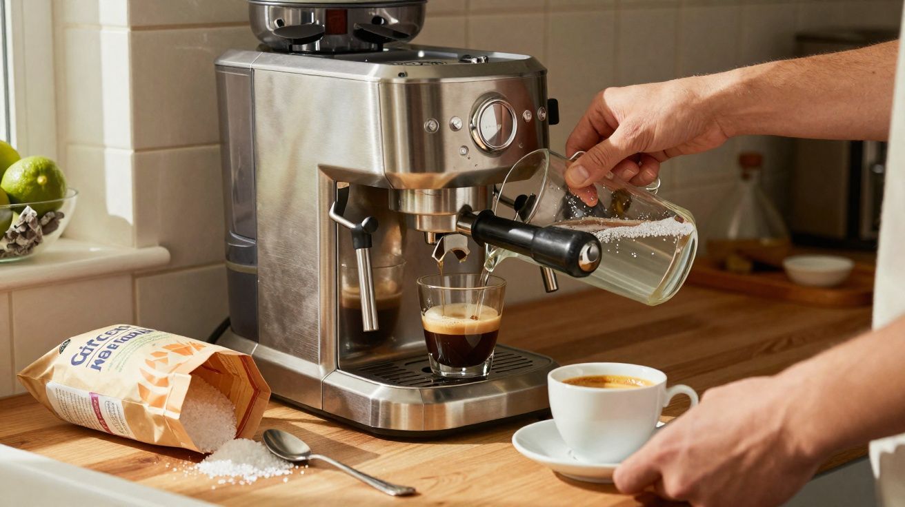 Máquina de café a preparar um expresso com mão a verter água, mesa de madeira com açúcar e chávena de café.