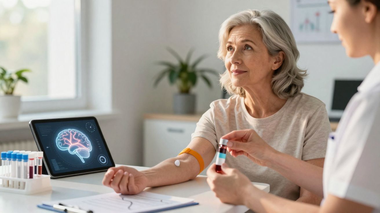 Mulher sénior a fazer exame de sangue enquanto profissional de saúde segura tubo com amostra.