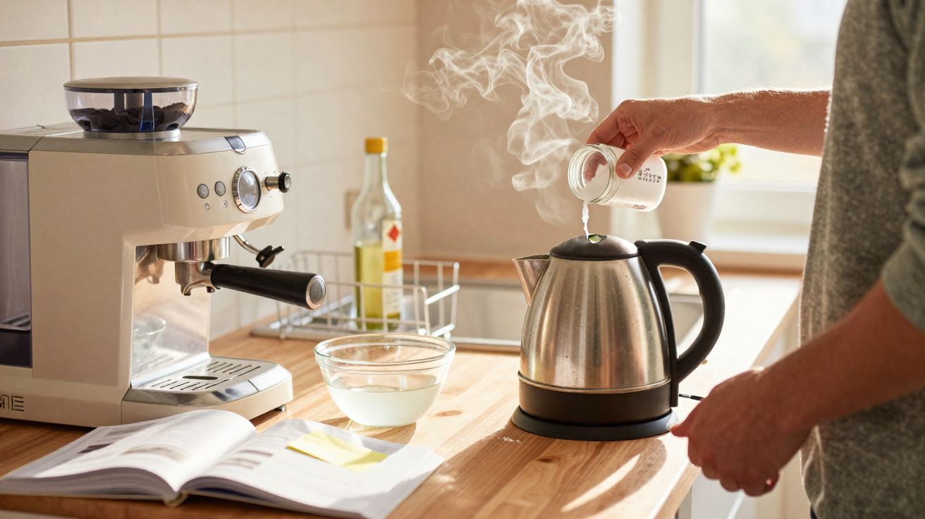 Pessoa a despejar leite numa chaleira elétrica com vapor, junto a máquina de café e livro aberto na bancada da cozinha.