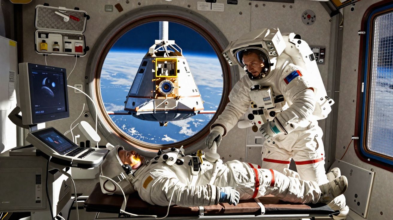 Dois astronautas em trajes espaciais dentro de uma estação espacial, com a Terra e um módulo visíveis pela janela.