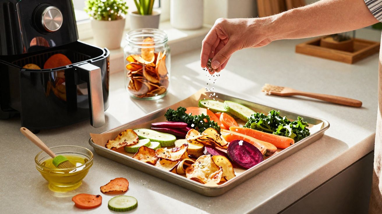 Mão tempera legumes variados numa bandeja para air fryer numa cozinha iluminada e organizada.