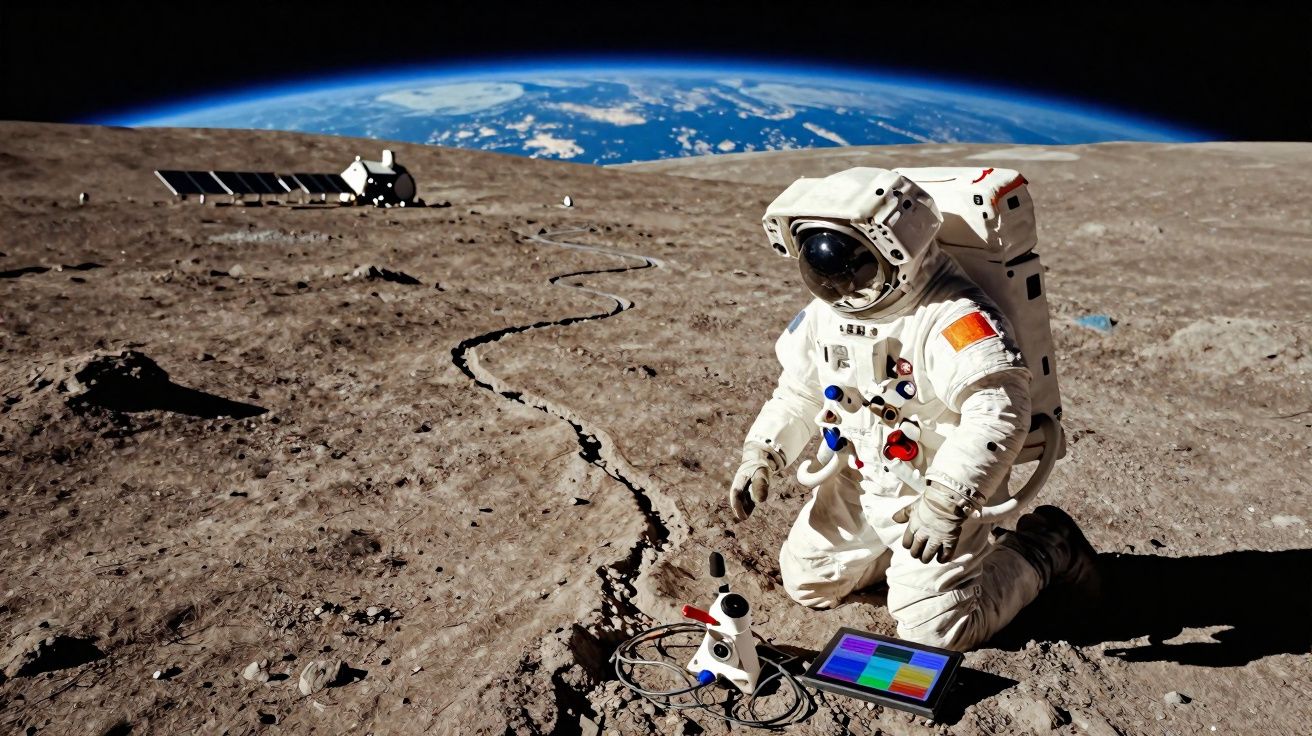 Astronauta chinês a trabalhar na superfície lunar com Terra visível ao fundo.