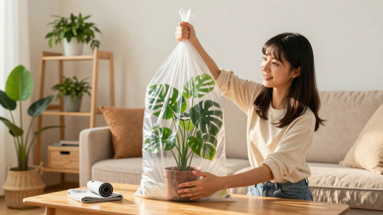 Mulher a embalar planta com folhas verdes em saco plástico transparente numa sala.