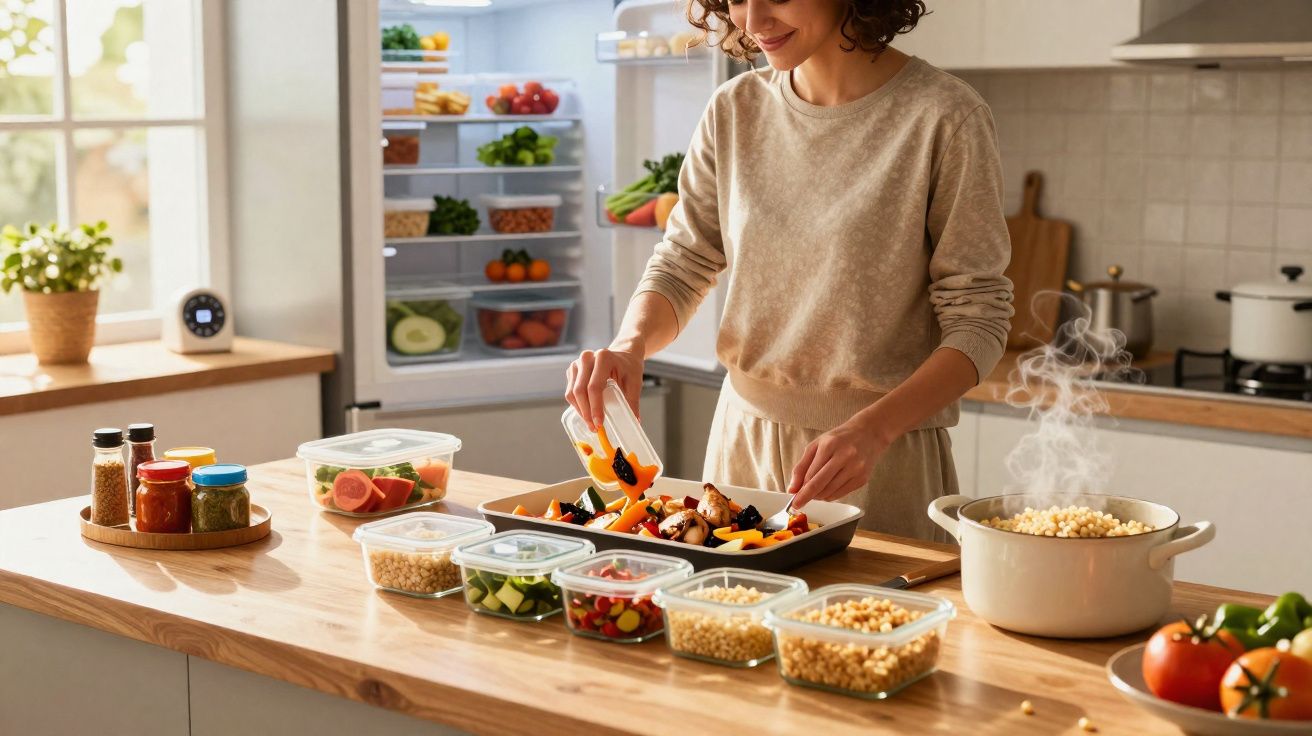 Mulher a preparar legumes numa cozinha moderna com vários ingredientes em recipientes transparentes na bancada.