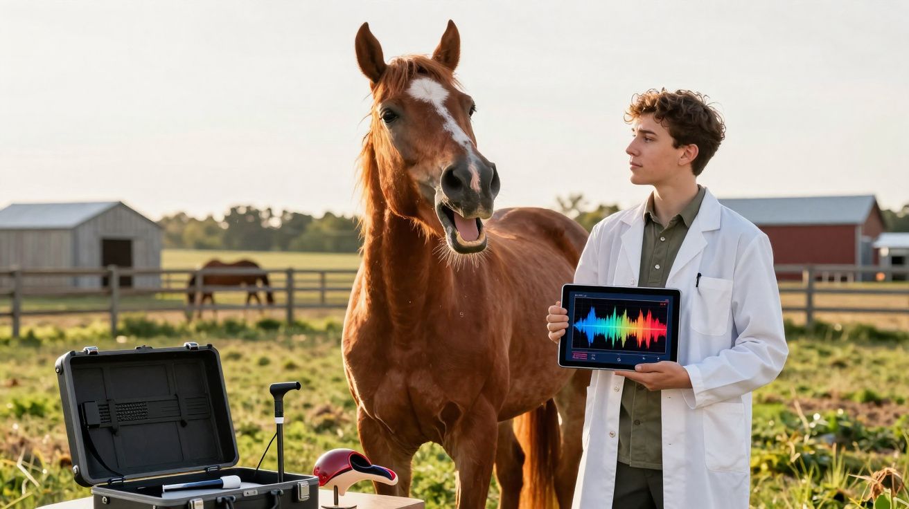 Veterinário em campo ao lado de cavalo, segurando tablet com gráfico colorido de som ambiental.