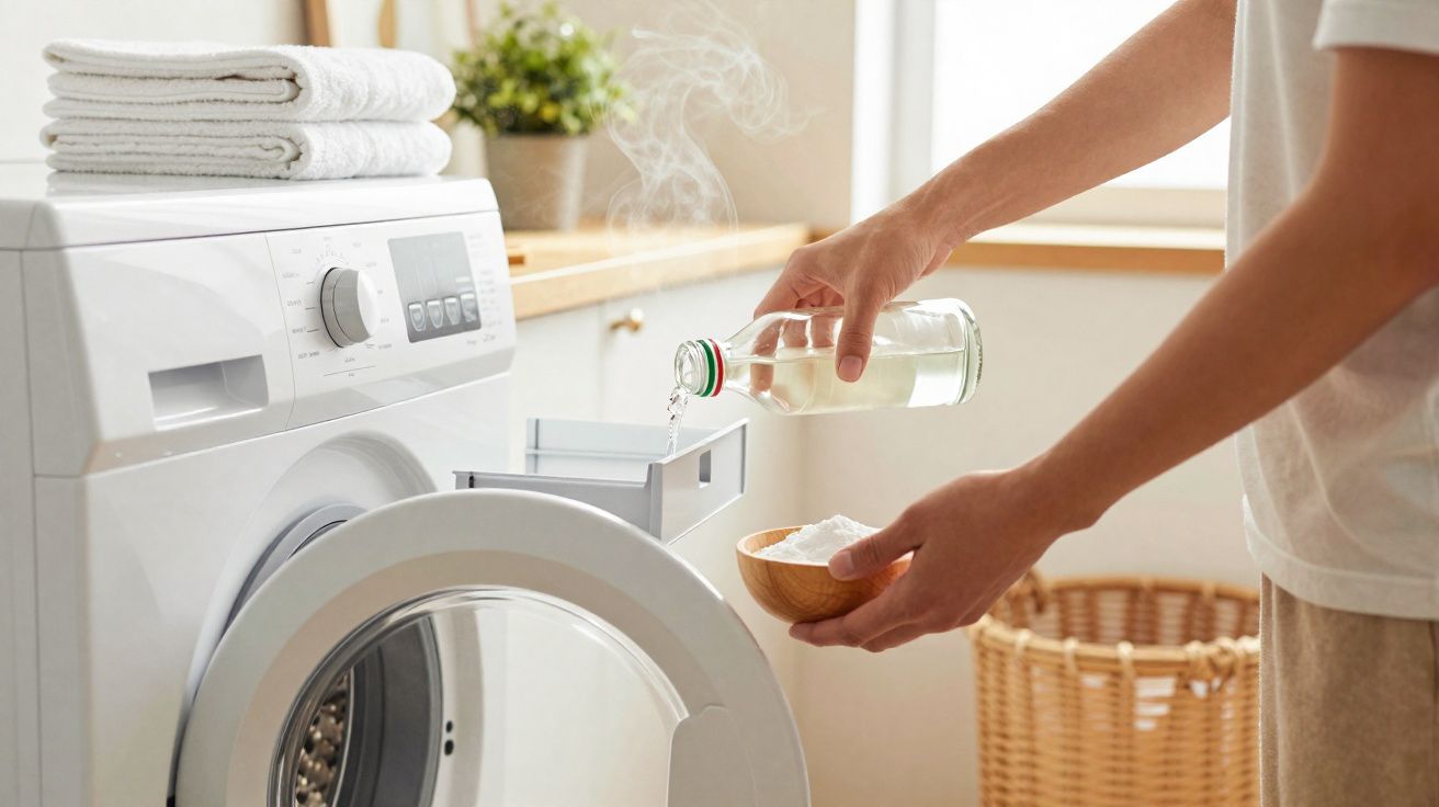 Máquina de lavar roupa com pessoa a despejar líquido no compartimento do detergente numa lavandaria iluminada.
