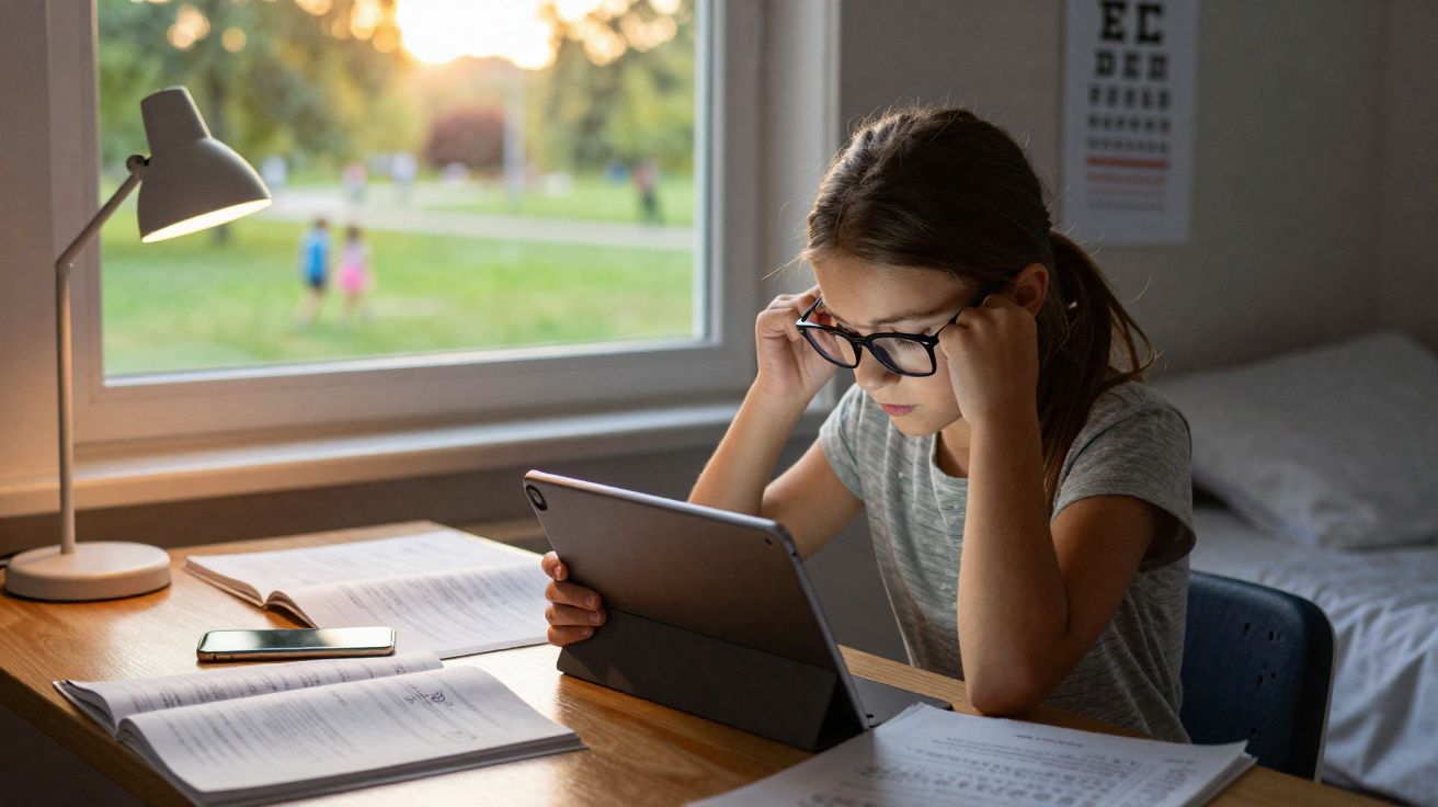 Menina com óculos estuda tablet numa mesa com livros e caderno junto a uma janela iluminada.