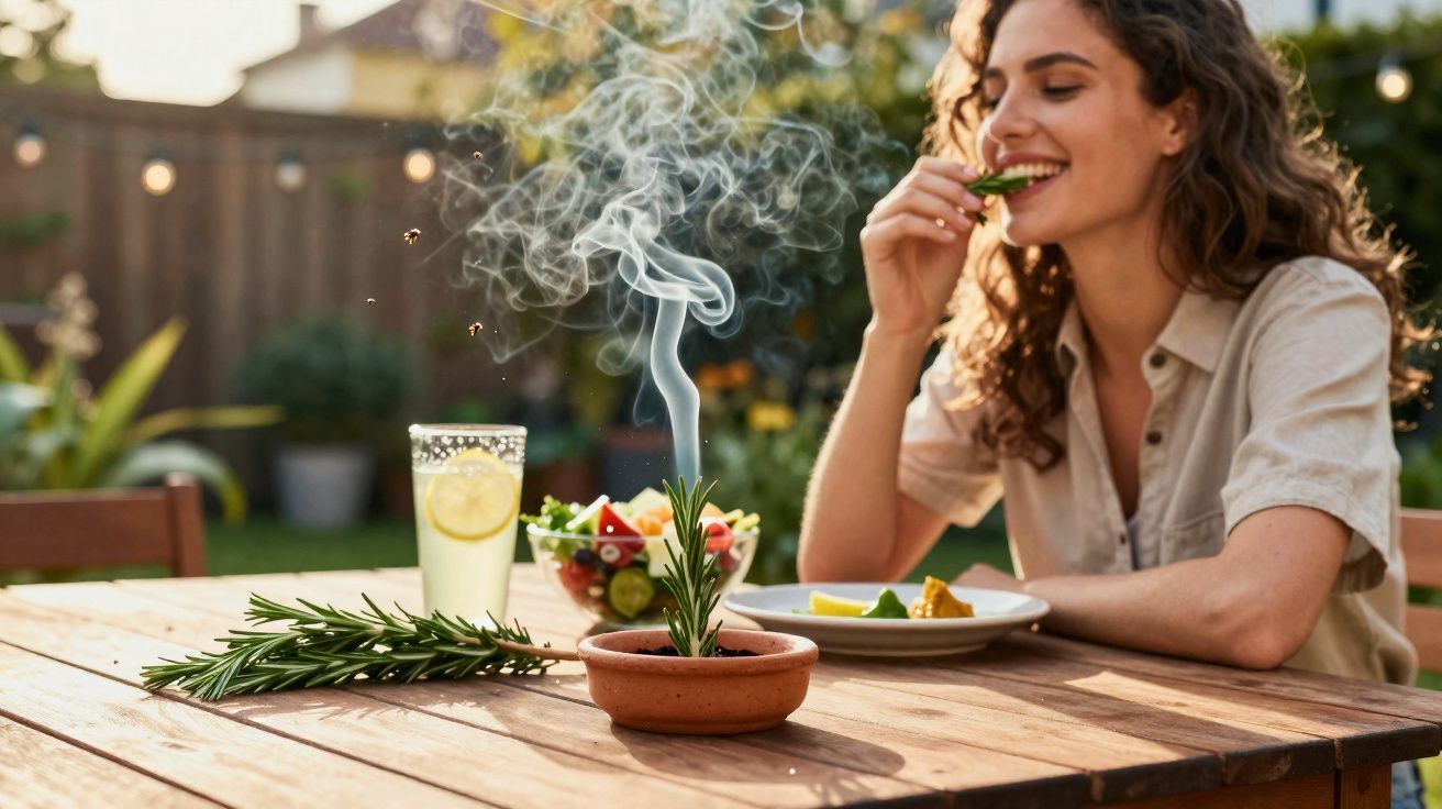 Mulher a comer salada ao ar livre com ramo de alecrim fumegante e bebida com limão na mesa de madeira.
