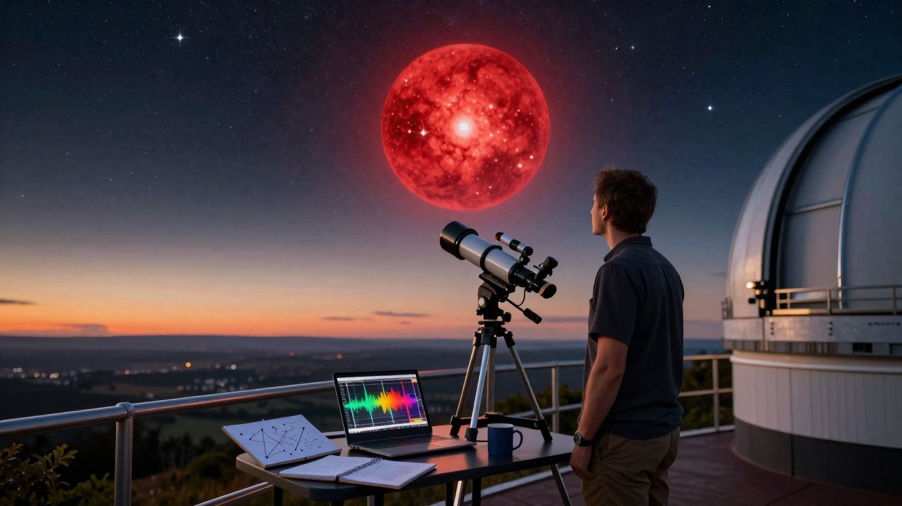 Homem observa céu ao entardecer com telescópio e equipamentos, vendo uma grande estrela vermelha brilhante.
