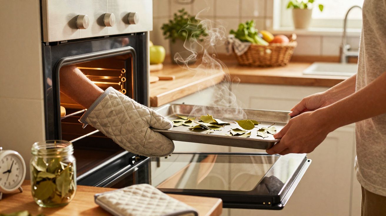 Duas pessoas retiram folhas frescas e aromáticas quentes de um tabuleiro no forno da cozinha.
