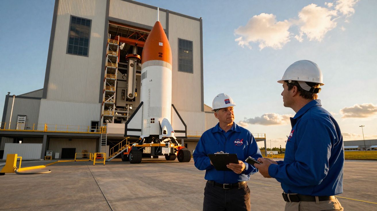 Dois engenheiros da NASA em capacetes de segurança conversam junto a um foguetão próximo de um edifício industrial.