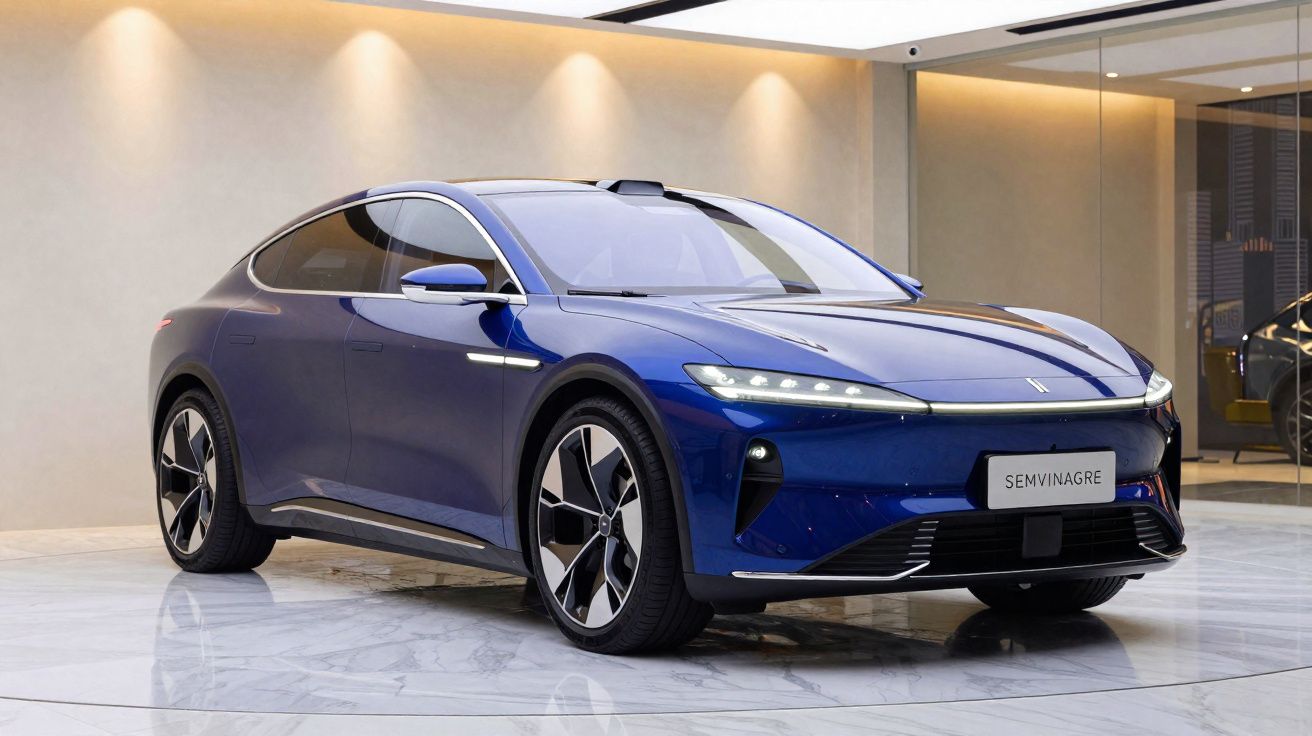 Carro elétrico azul com design moderno e linhas aerodinâmicas exibido em showroom elegante.