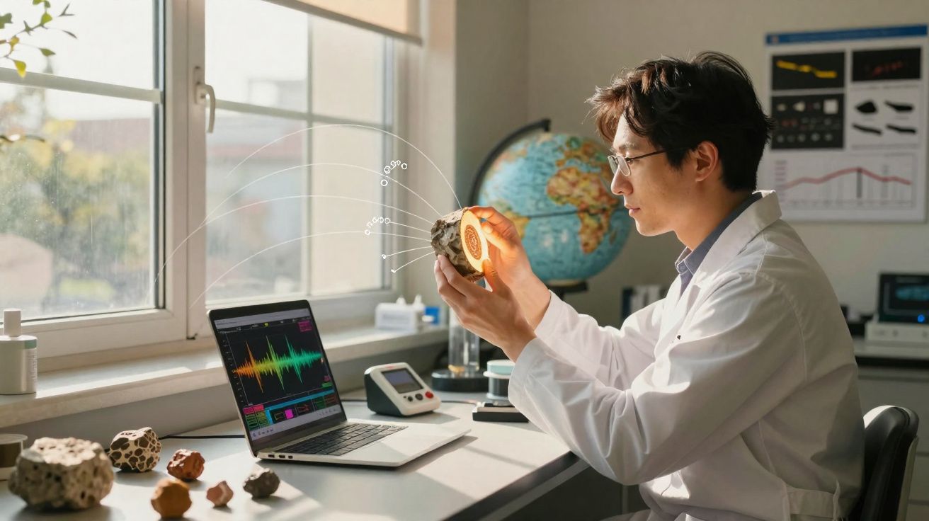 Cientista analisa amostra de rocha com webcam e laptop numa bancada de laboratório iluminada.