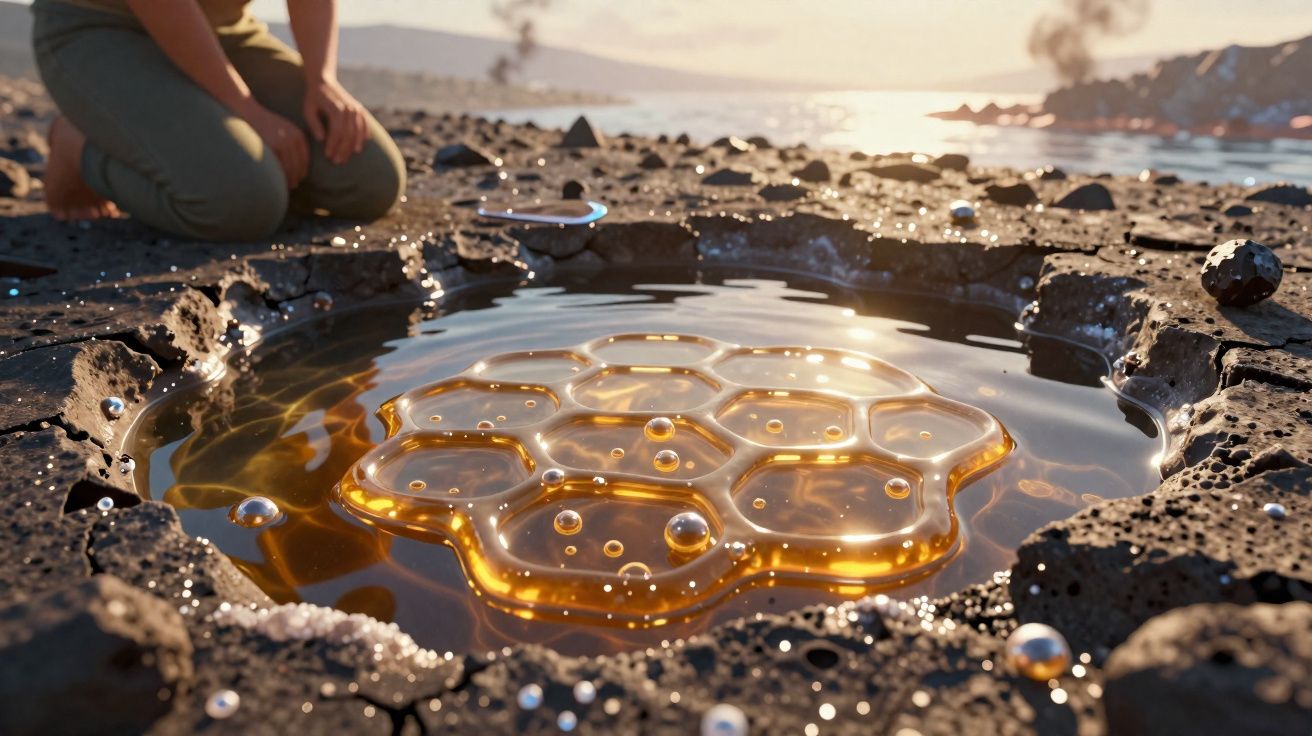 Pessoa ajoelhada junto a poça de líquido dourado com estrutura hexagonal numa paisagem rochosa ao pôr do sol.