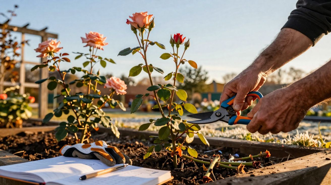 Pessoa a podar rosas cor-de-rosa num canteiro de jardim com luvas e caderno aberto ao lado.