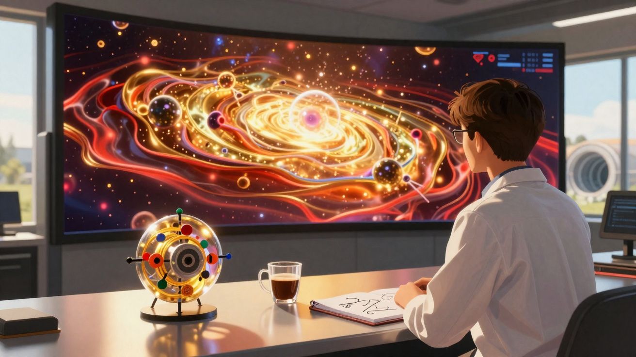 Jovem cientista estuda modelo do sistema solar numa tela grande enquanto está sentado à mesa com caderno e café.