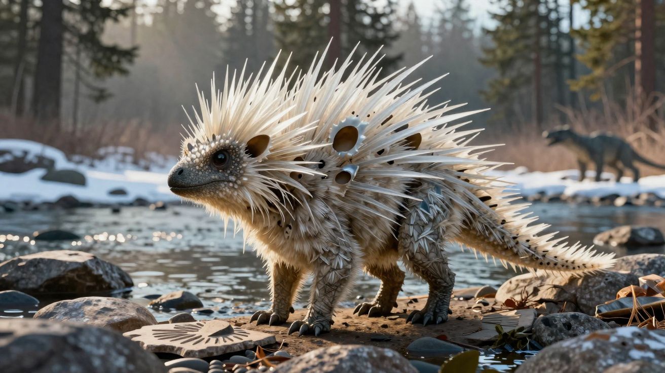 Pequeno dinossauro espinhoso junto a um rio com árvores e um dinossauro maior ao fundo.