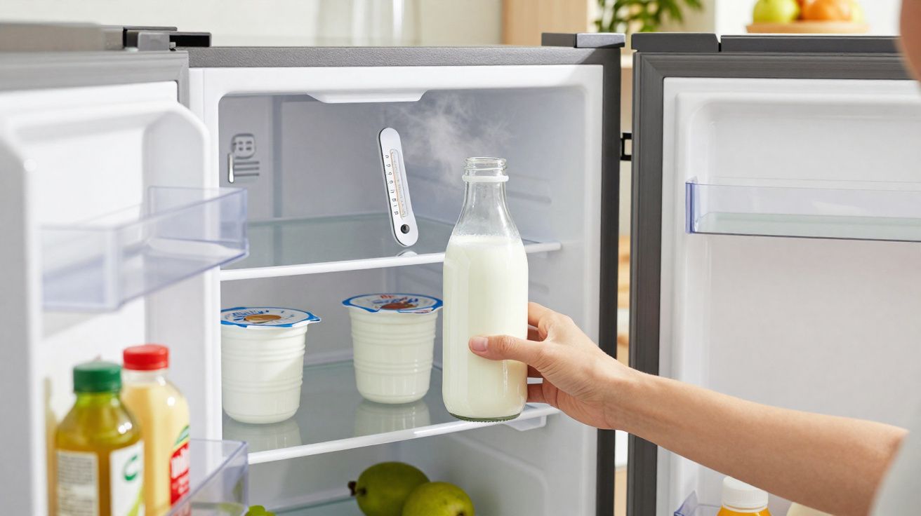 Pessoa a colocar garrafa de leite numa prateleira interior de frigorífico aberto com iogurtes e frutas.