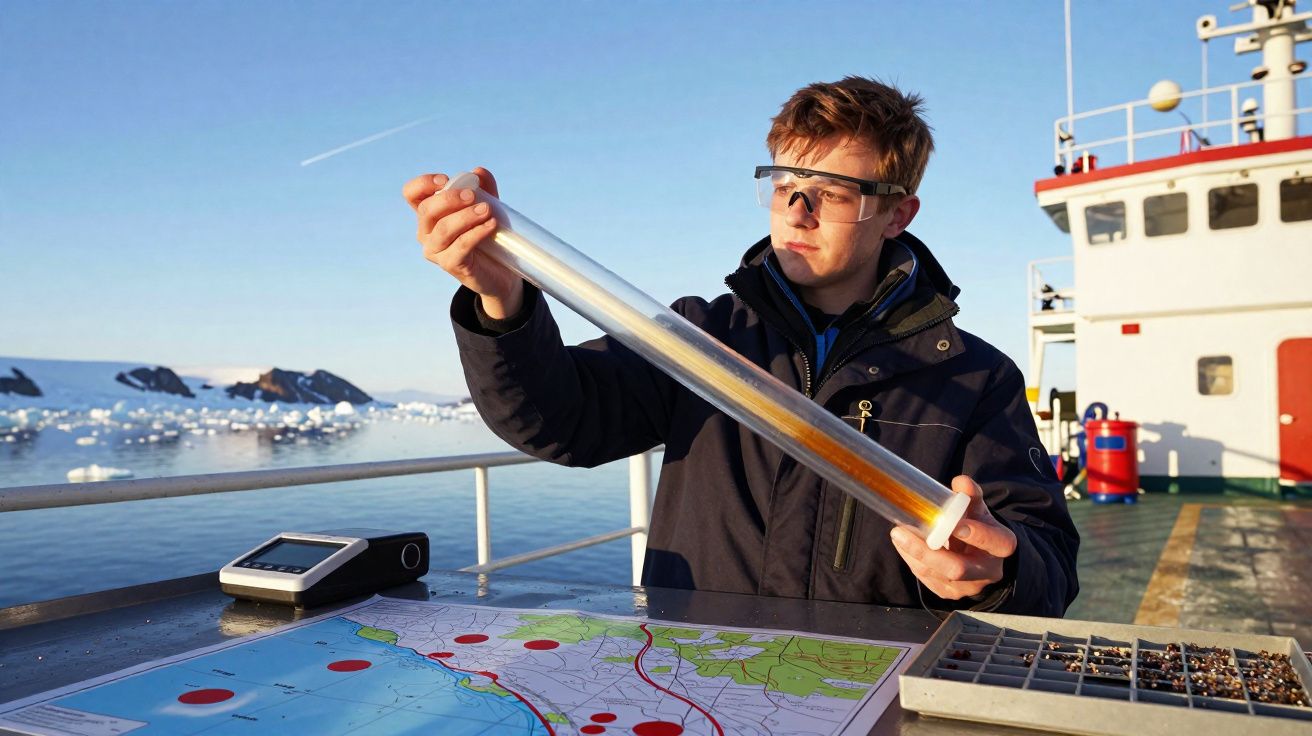 Homem com óculos de proteção segura tubo de amostra em barco perto de gelo e mapa na mesa.