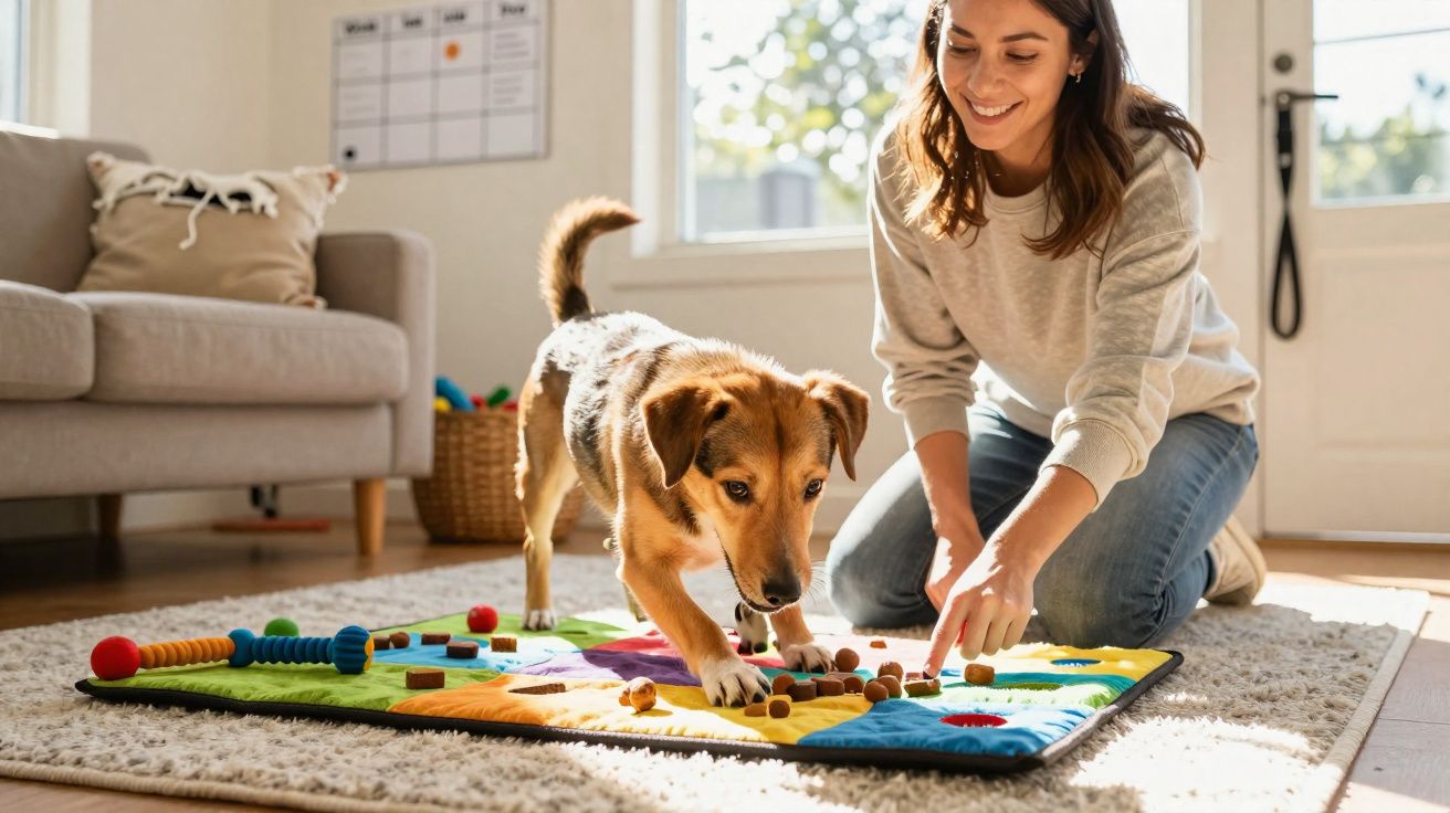 Mulher brinca com cão num tapete colorido numa sala iluminada e acolhedora.