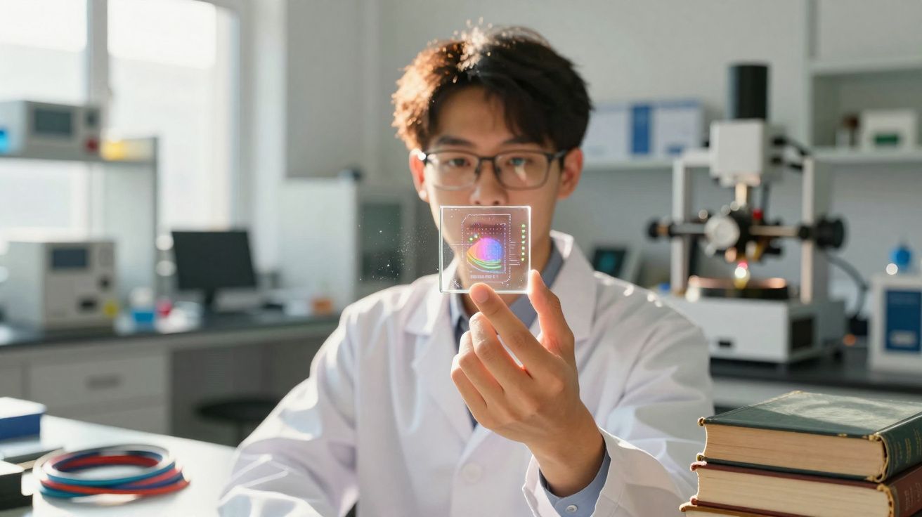 Cientista com bata branca segura um microchip colorido num laboratório moderno.