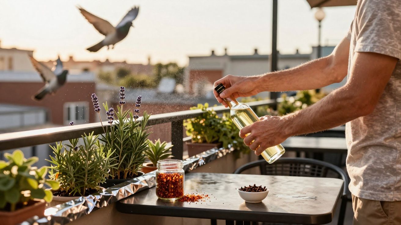 Pessoa a borrifar repelente perto de plantas e pombos num terraço ao entardecer.