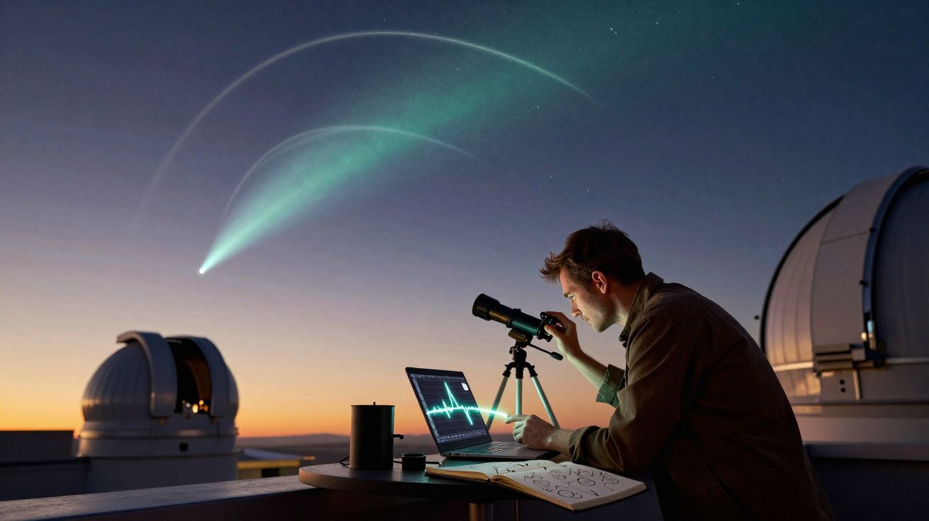 Homem observa com telescópio e laptop um cometa luminoso no céu ao pôr do sol, rodeado por observatórios.