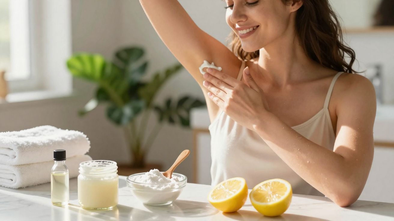 Mulher a aplicar desodorizante natural caseiro com ingredientes como limão, bicarbonato e óleo num ambiente luminoso.