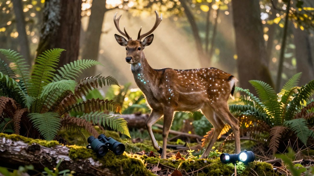 Veado com chifres em floresta iluminada, com binóculos e lanterna no chão coberto de musgo.