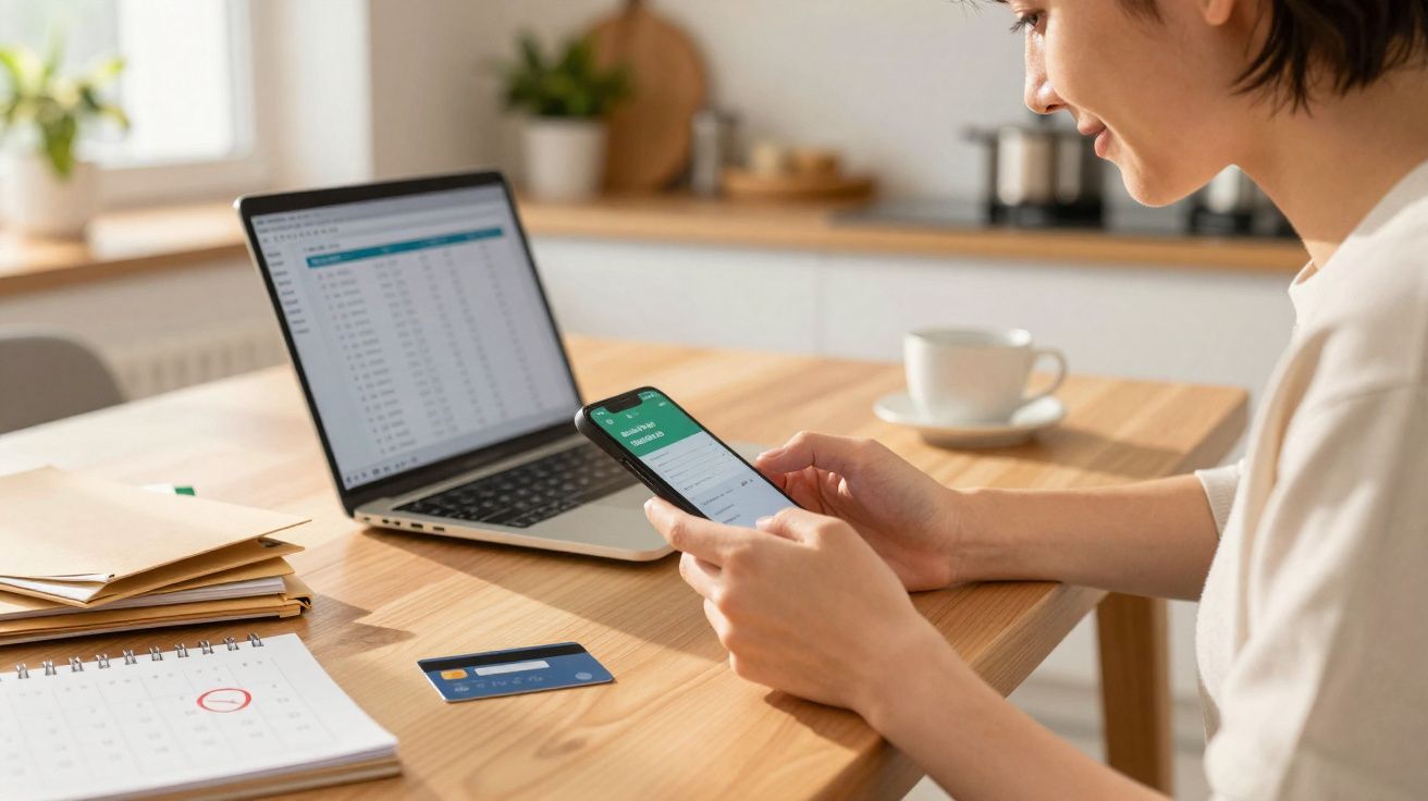 Pessoa a consultar o telemóvel com aplicações financeiras, ao lado de um portátil, cartão de crédito e agenda numa mesa de ma