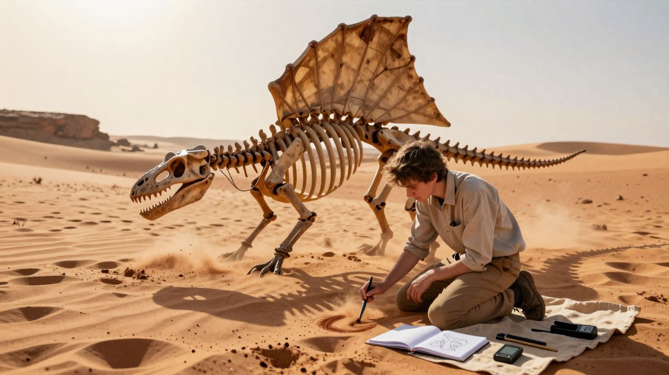 Jovem arqueólogo escava no deserto ao lado de esqueleto gigante de dinossauro com vela nas costas.