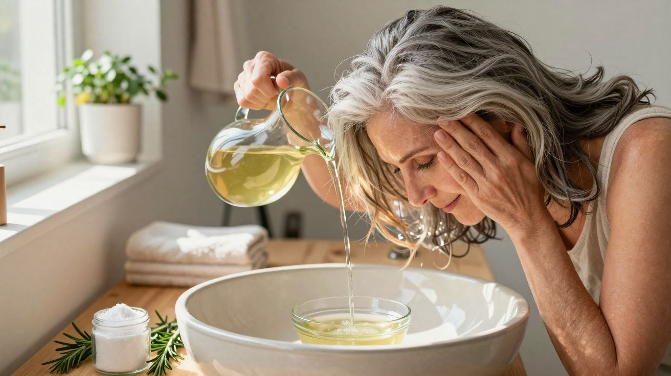 Mulher com cabelo grisalho a despejar líquido de jarro para taça num lavabo luminoso e bem decorado.