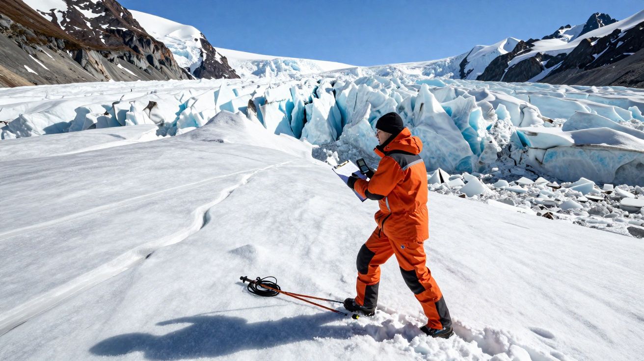 Pessoa com fato laranja recolhe dados sobre geleira e neve em ambiente montanhoso e frio.