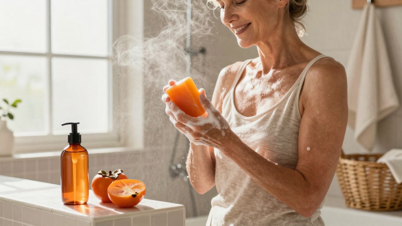 Mulher a lavar as mãos com sabão laranja numa casa de banho iluminada e organizada.