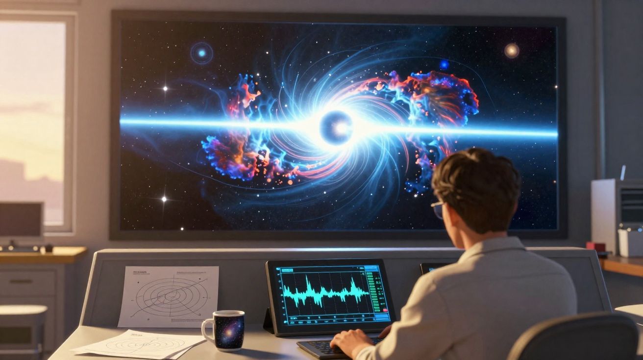 Pessoa a analisar dados de buraco negro em ecrã numa sala de controlo científica.