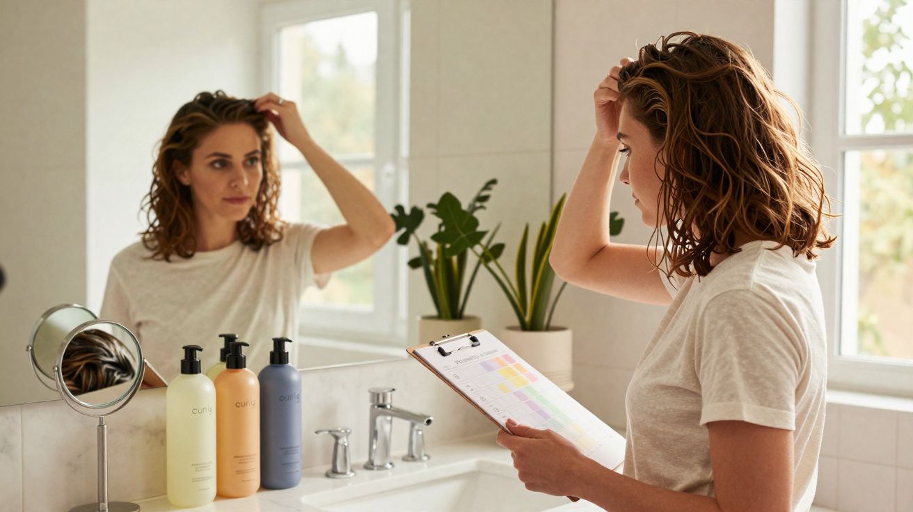 Mulher a observar o cabelo no espelho da casa de banho segurando um papel com esquemas de cor.
