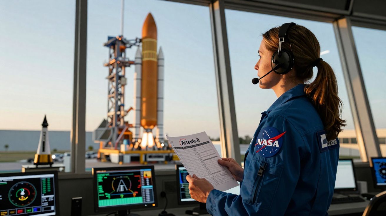 Controladora da NASA com headset observa foguetão Artemis II pronto para lançamento através de janela na sala de controlo.
