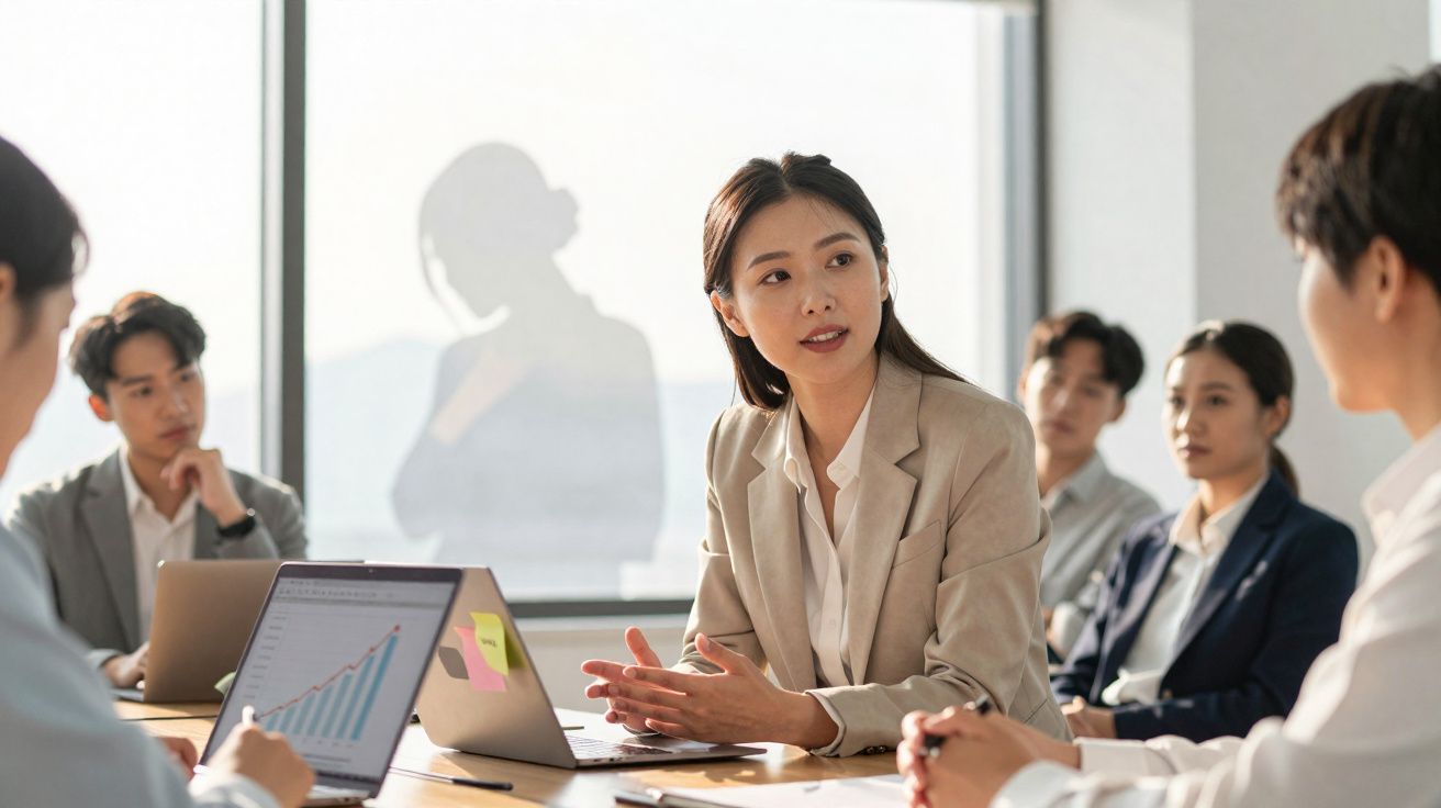 Equipe de negócios reunida em escritório moderno com laptops e gráficos numa apresentação.