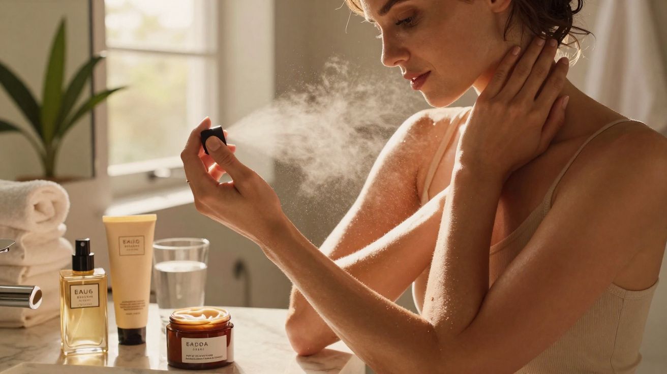 Mulher aplica spray facial numa manhã iluminada, com produtos de cuidados de pele numa mesa à sua frente.